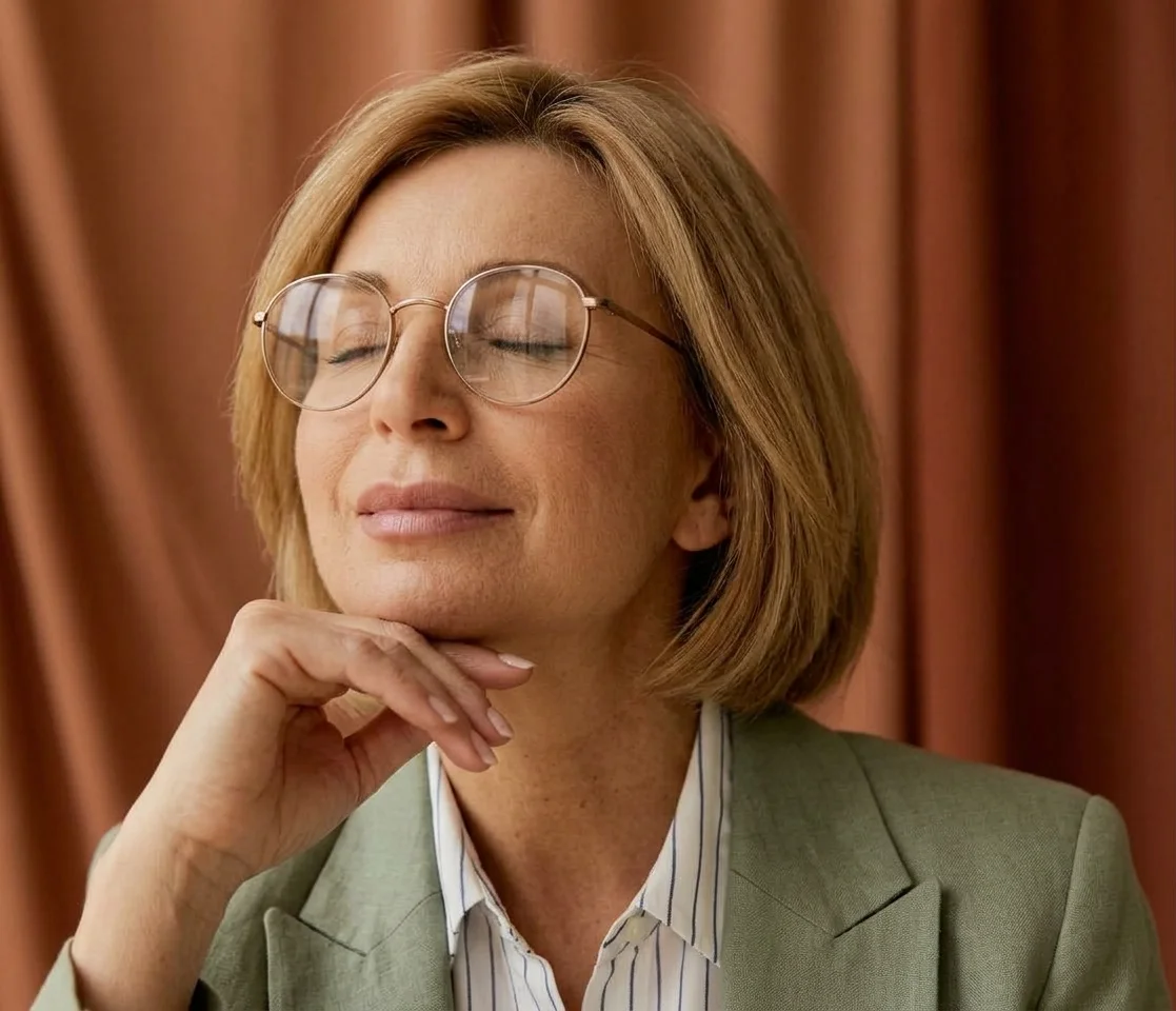 Donna sorridente con occhiali da vista a montatura dorata